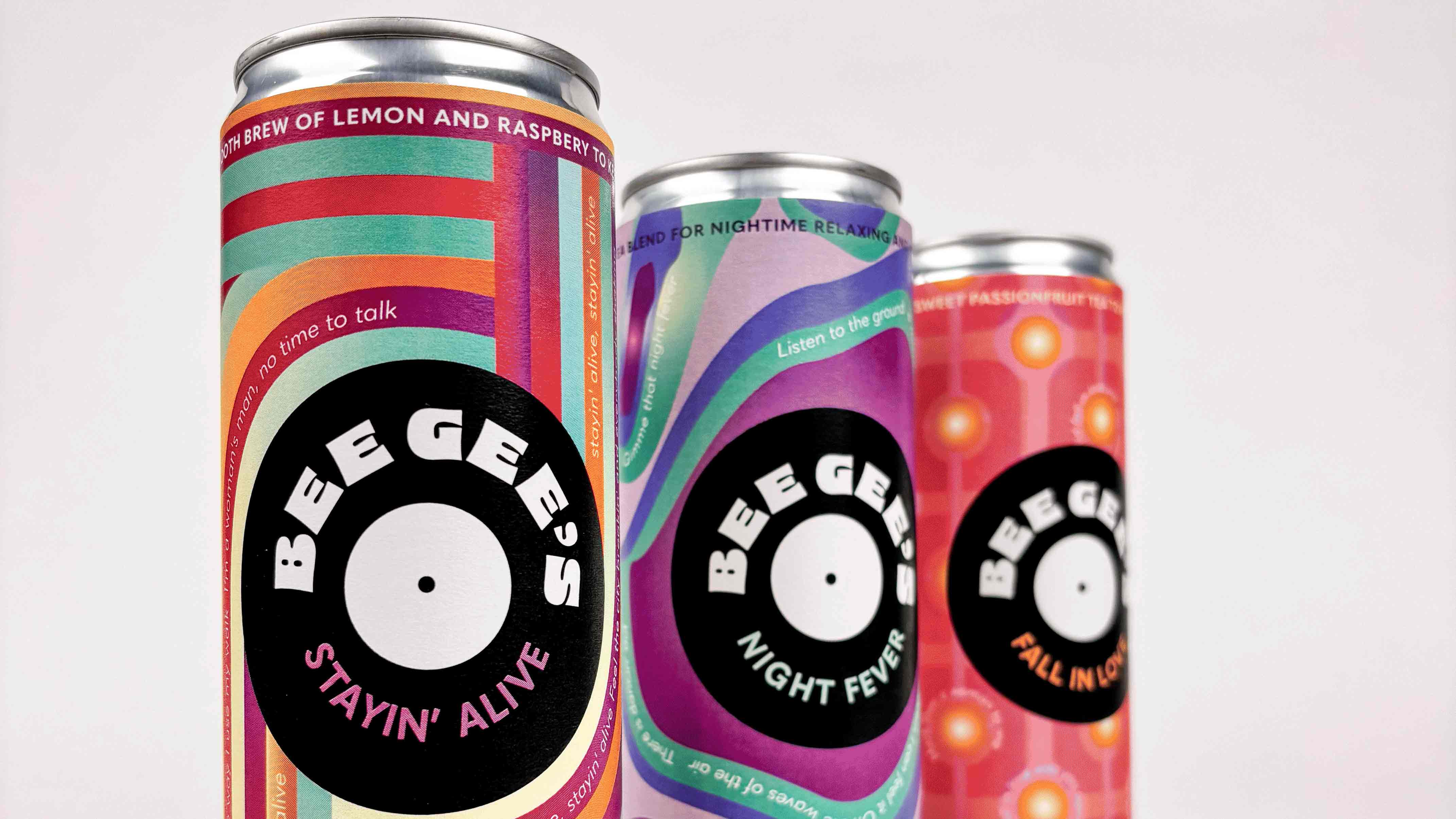 photos of Bee Gee's Tea cans